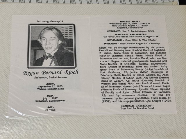 Original funeral memorial card for Regan Bernard Rioch, with portrait, service details, and family remembrance